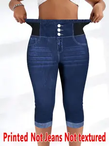 Women's Printed Tight-Fitting Pants, Streetwear, Non-Denim Fabric, Seven-Inch Leggings, Faux Denim Print, All-Season Wear, Comfortable and Stylish