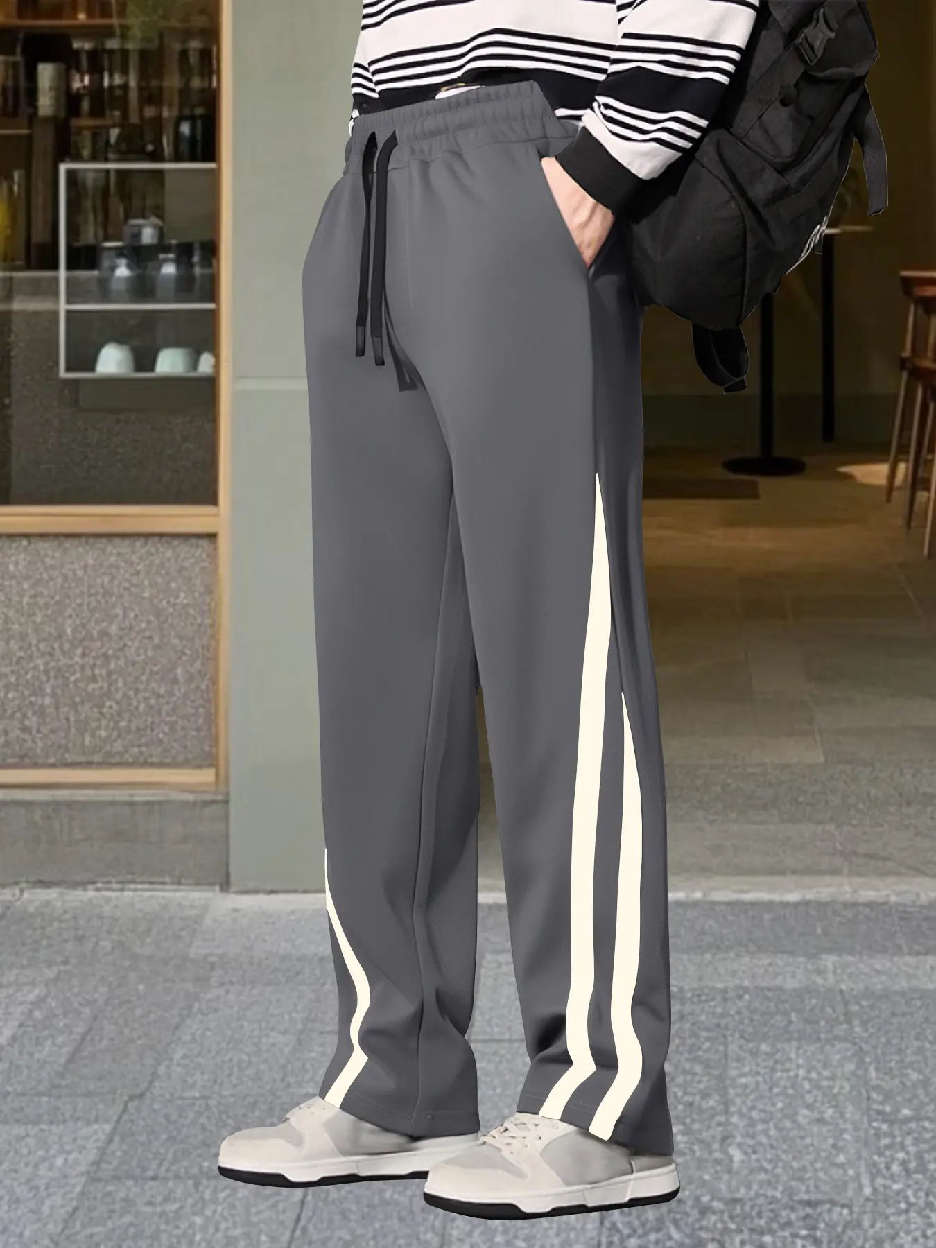 Men's side stripe drawstring waistband straight through trousers, men's daily wear casual loose pocket pants, fashionable men's lower body wear for all, Casual Comfy Trouser