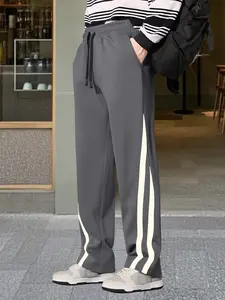 Men's side stripe drawstring waistband straight through trousers, men's daily wear casual loose pocket pants, fashionable men's lower body wear for all, Dark Gray