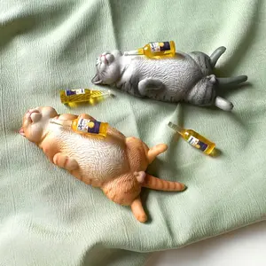 Funny Drunk Cat and 4 Wine Bottle Figurine Set, Cute 3D Statue with Adhesive Backing, Car Desktop Decoration, Halloween Christmas Gift