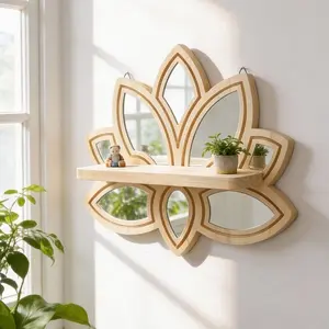 Boho Lotus Flower Wall Mirror with Shelf, Rustic Wooden Floating Shelf, Decorative Wall Mounted Shelf for Living Room, Bathroom, Bedroom