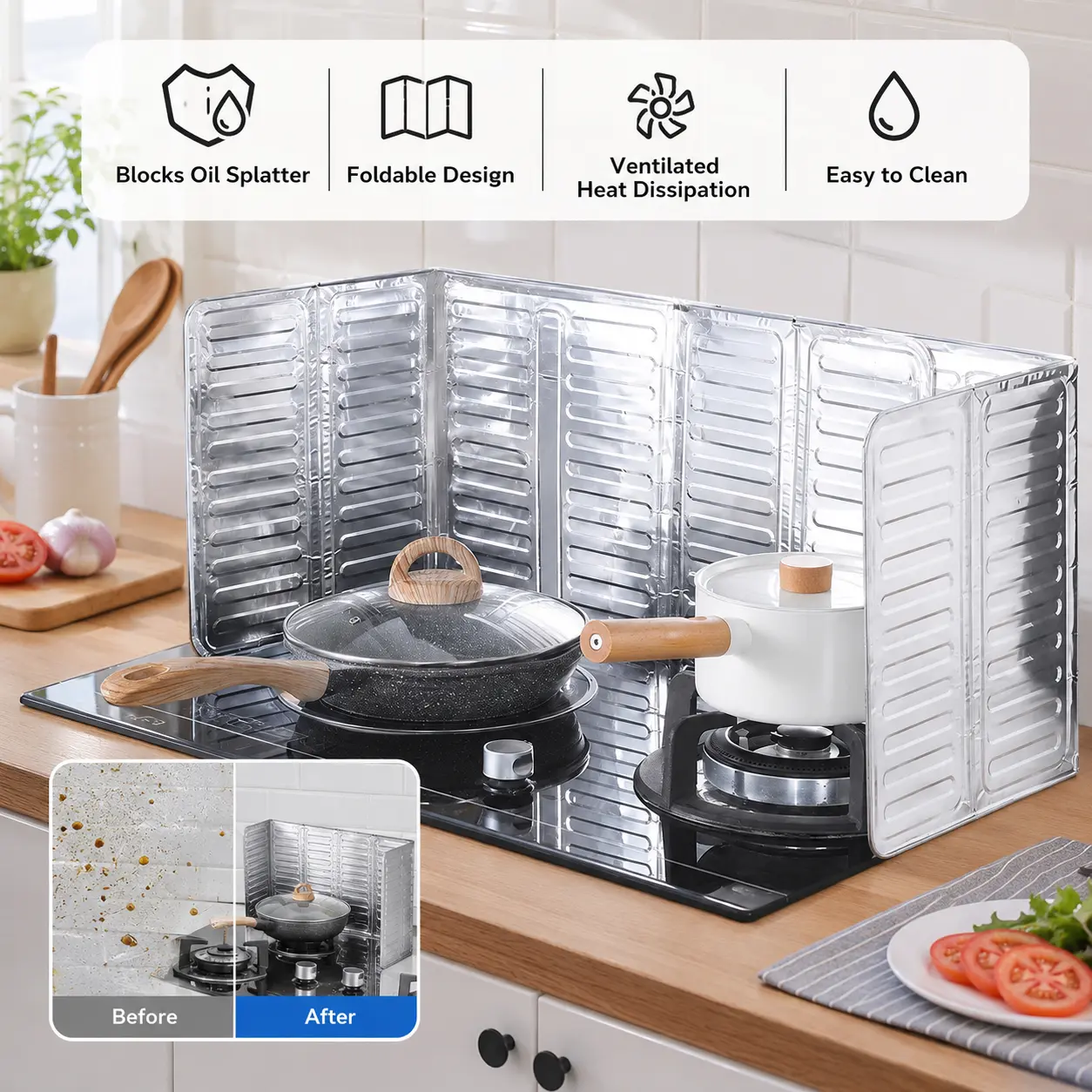2 Counts, Foldable Aluminum Foil Oil Splash Guard, Heat Insulation Oil Proof Baffle for Home Kitchen Gas Stove Induction Cooktop Cooking Use