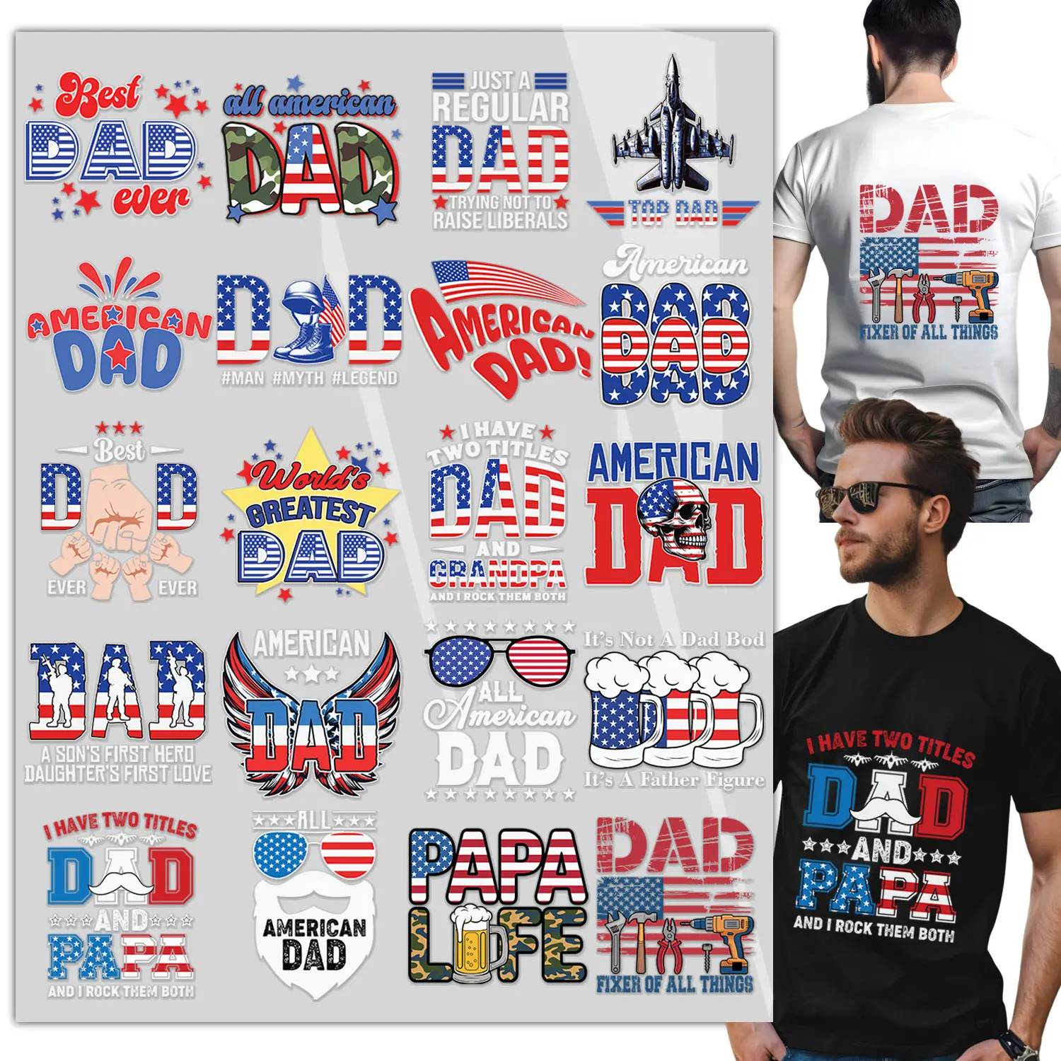 20 Sheets Father’s Day DTF Heat Transfer Bundle – American Dad Patriotic Designs – USA Flag Heat Press Ready Iron On Transfers for Shirts, Hoodies & Gifts