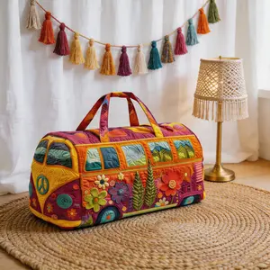 Retro style hippie bus quilted travel bag - Bohemian, high-definition printed bus bag with colorful floral patterns, weekend luggage bag, large capacity fitness bag