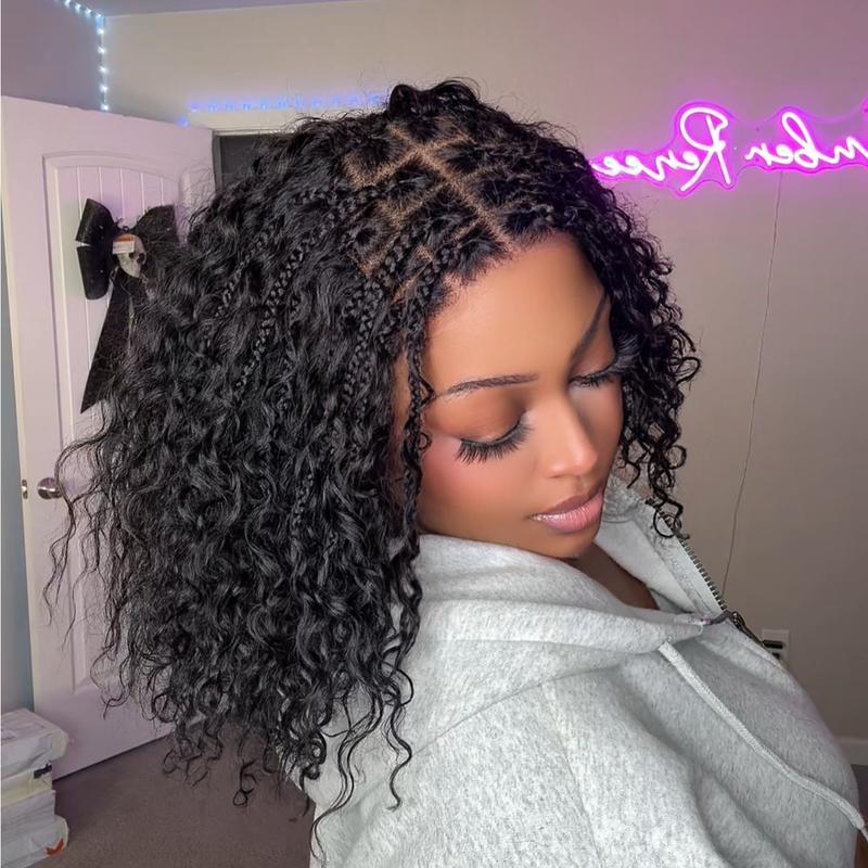 【100%Human Hair】LWIGS Boho Braids Deep Curly Glueless 5x5 Closure Pre-Cut Lace Short Curly Human Hair Braided Wig Natural Black Bohemian Style , cannot be dyed