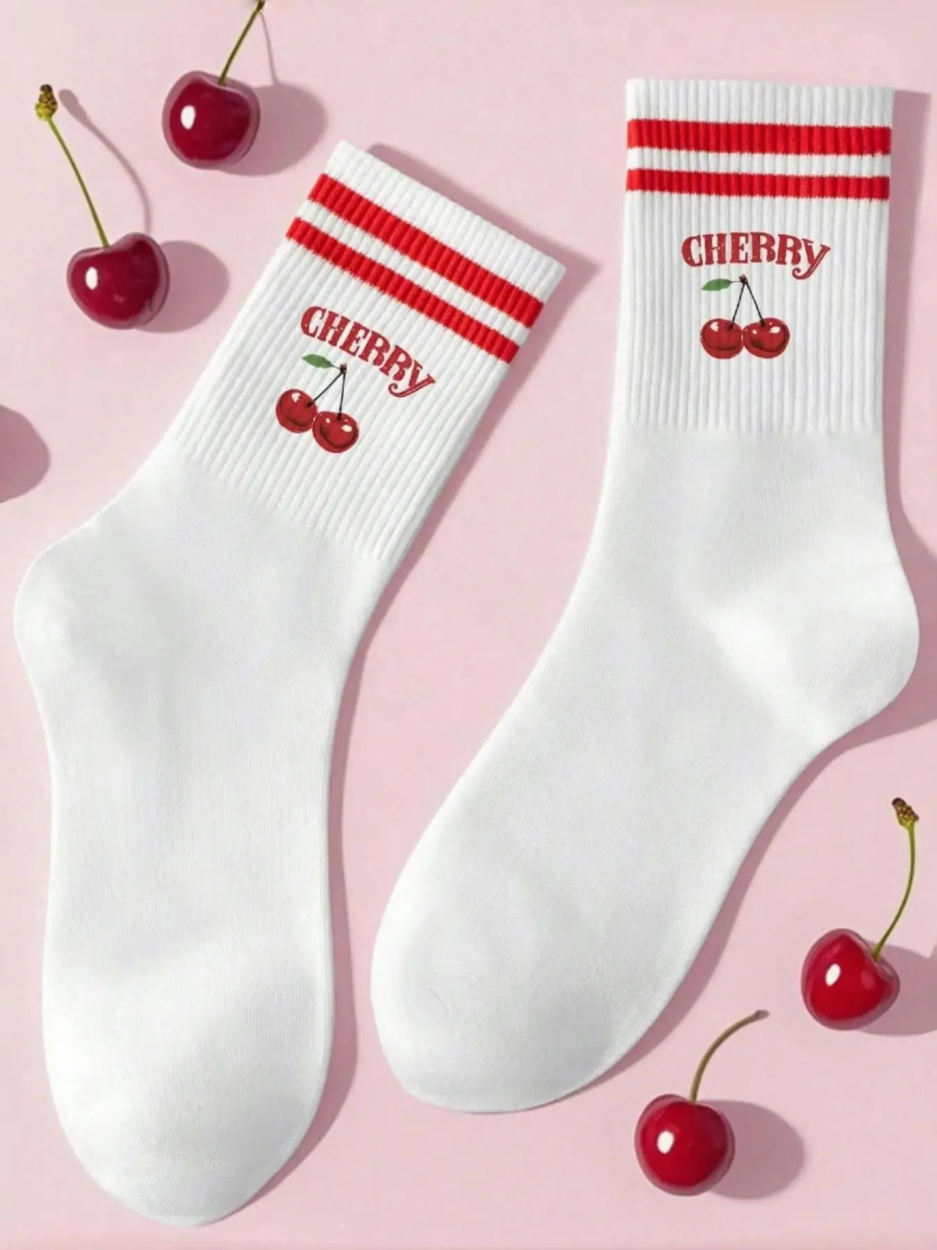 1 pair of women's Cute three-dimensional printed cherry pattern fitted striped mid-calf socks with colorful red stripes and ribbed stitching details, made of soft, skin-friendly and non-deformable material