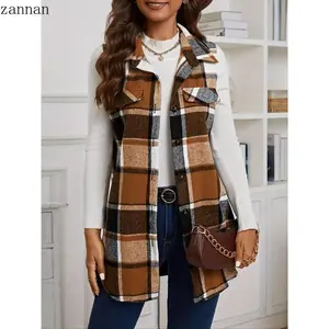 zannan-Women's Plaid Print Button Front Vest Coat, Casual Pocket Design Collared?Waistcoat?for Spring & Fall, Fashion Women's Clothing for Daily Wear