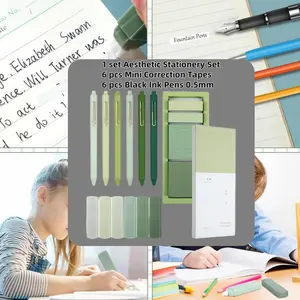 Aesthetic Stationery Set Supplies Sticky Notes Set 6 pcs Mini Correction Tapes 6 pcs Retractable Black Ink Pens 0.5mm Fine Point Paper Corrective Pen Self Stick Index Tabs(Green) summervibes
