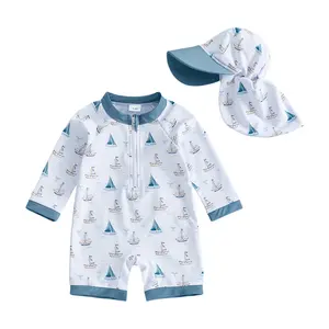 Babamoon Toddler Baby Boy Swimsuit Set Adorable Sailboat Print Long Sleeve Round Neck Jumpsuit and Hat Set for Pool Beach 3M-5Y