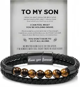 Sentimental Son Keepsake, Black Braided Leather Bracelet with Tiger Eye Beads and Heartfelt Message Card, Perfect Graduation/Coming-of-Age Gift
