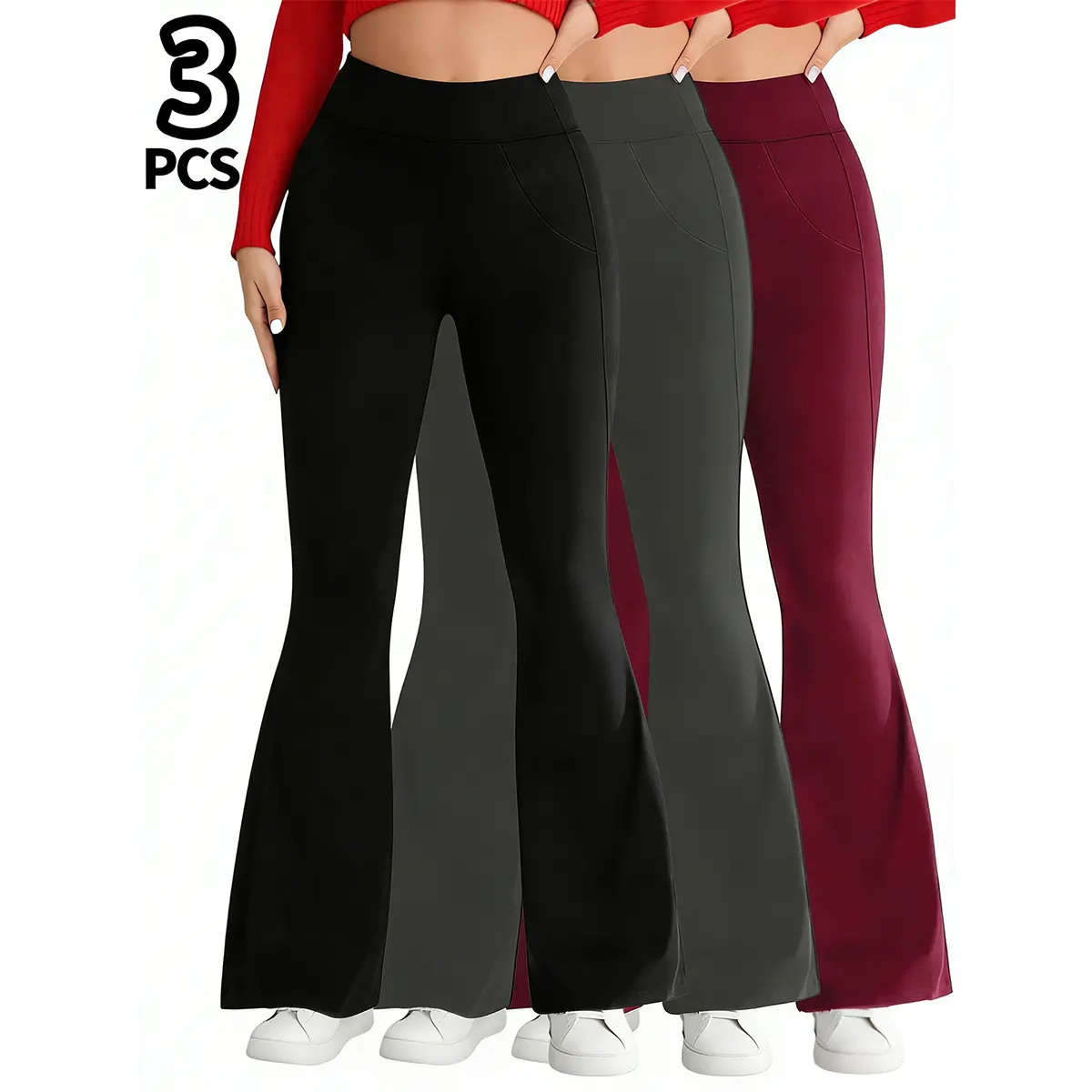 3PCS Women's High Waist Flared Casual Pants, Comfortable and Relaxed Fit, All Season Versatile Bell Bottom Sweatpants Womenswear Essential
