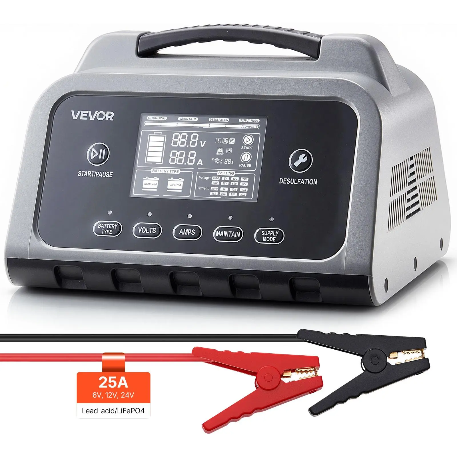 【Summerfinds】VEVOR 25A 6V/12V/24V Smart Battery Charger - Lithium LiFePO4 & Lead-Acid (Gel/AGM), LCD Display, Trickle Charging Maintainer, Desulfator, Battery Maintenance Protection, for Cars, RVs, Lawn Mowers, with Smart Modes, Pruners