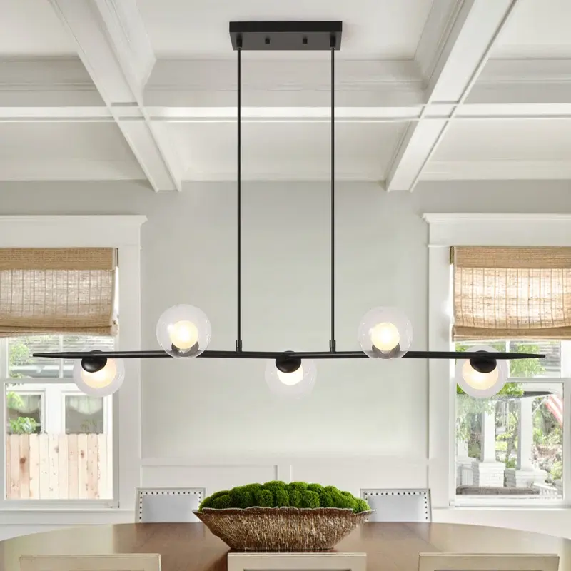 Garwarm  5-Light Clear Glass Globe Pendant Light Mid Century Modern Rectangular Sputnik Chandelier Vintage Black Linear Kitchen Island Pendant Lighting Dining Room (Black+Clear)