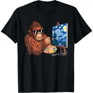 Funny Bigfoot Sasquatch Van Gogh Starry Night Meme T-Shirt Stylish Cotton Tee