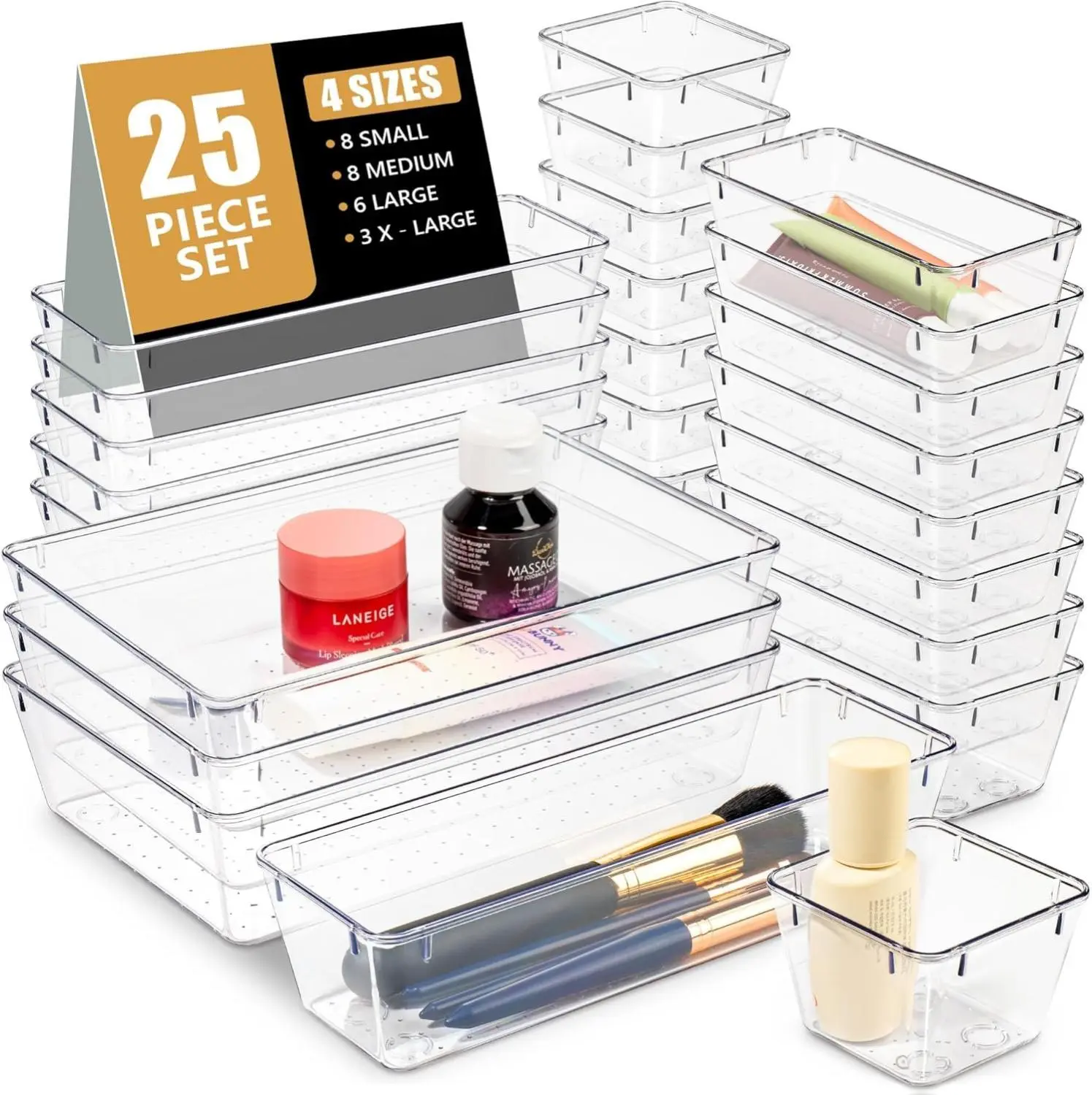 Clear Plastic Drawer Organizer Set – 25 PCS Stackable Storage Bins for Bathroom, Kitchen, Makeup, Office & Desk – Versatile Organizers for Home, Vanity & Bedroom