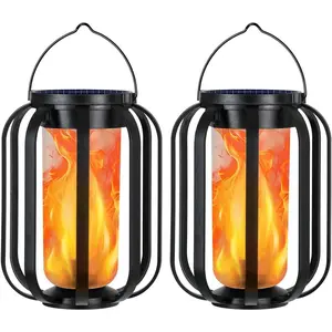 Solar Lantern Outdoor Lights, 2 Pack Waterproof Solar Powered Lanterns with Flickering Flame, Hanging Lantern Decorative for Outside, Solar Powered Outdoor Lights for Yard Garden Patio Table Decor