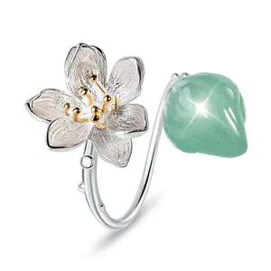 Natural Aventurine Stone Jade Finger Flower 925 Sterling Silver Gemstone Ring