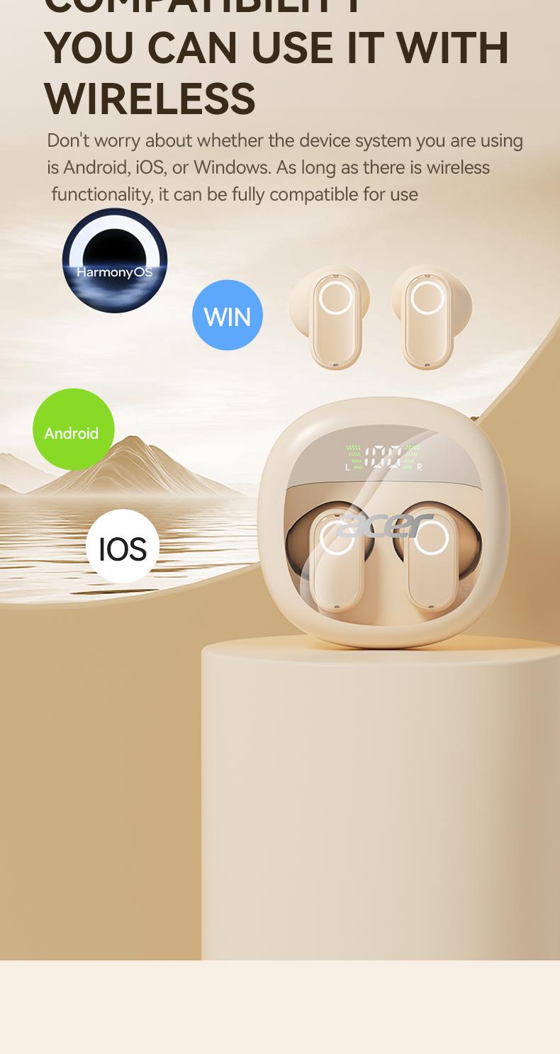 Acer OHR513 Wireless Earphone,In-ear Design Earphones with Digital Cal, LongStandby Headset for Men & Women, Audio Earbud Electronic ear headphone fast charge Black