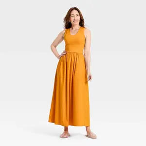 Women's Knit Woven Midi Dress - A New Day Mango Orange M
