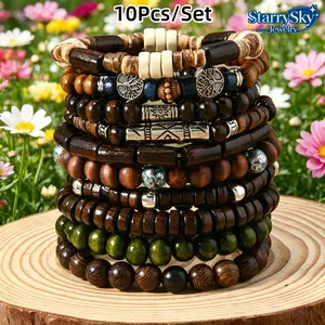 10pcs/Set Men's And Women's Bohemian Style Fashion Wooden Beaded Bracelet, Couple Bracelet Combination Hand String Gift Handmade Beaded Chain Set