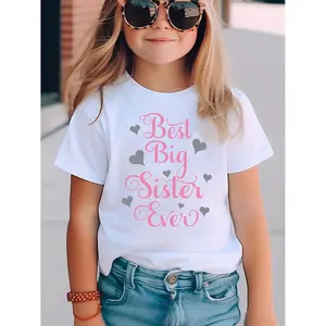 Stylish Summer Girls Short Sleeve T Shirt Featuring Best Big Sister Ever Letter Print Casual Top DX5726