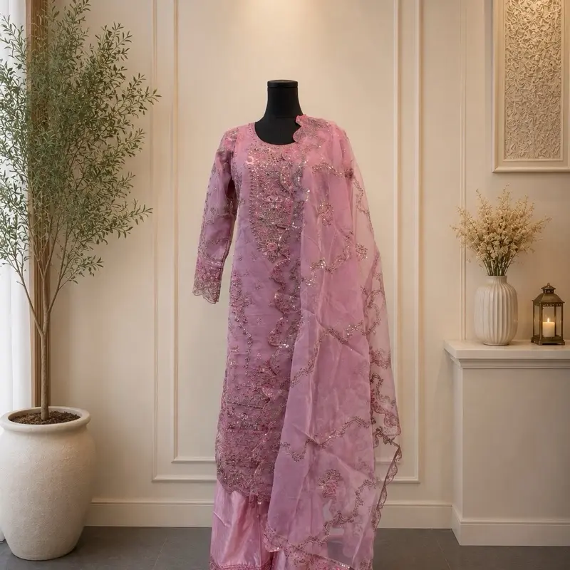 Pakistani dress designer by SADABAHAR 3-Piece Stitched Suit fabric is organza scarf material organza ready-to-wear nature of the outfit. Womenswear