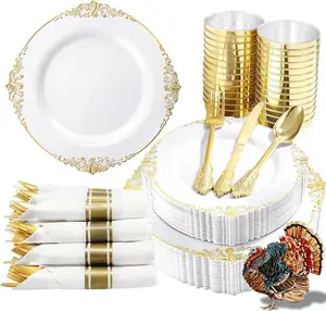 350PCS Gold Plastic Plates - Gold Plastic Dinnerware Sets for 50 Guests - 100 Disposable Plates, 150 Silverware, 50 Cups, 50 Napkins for Wedding & Party & Thanksgiving