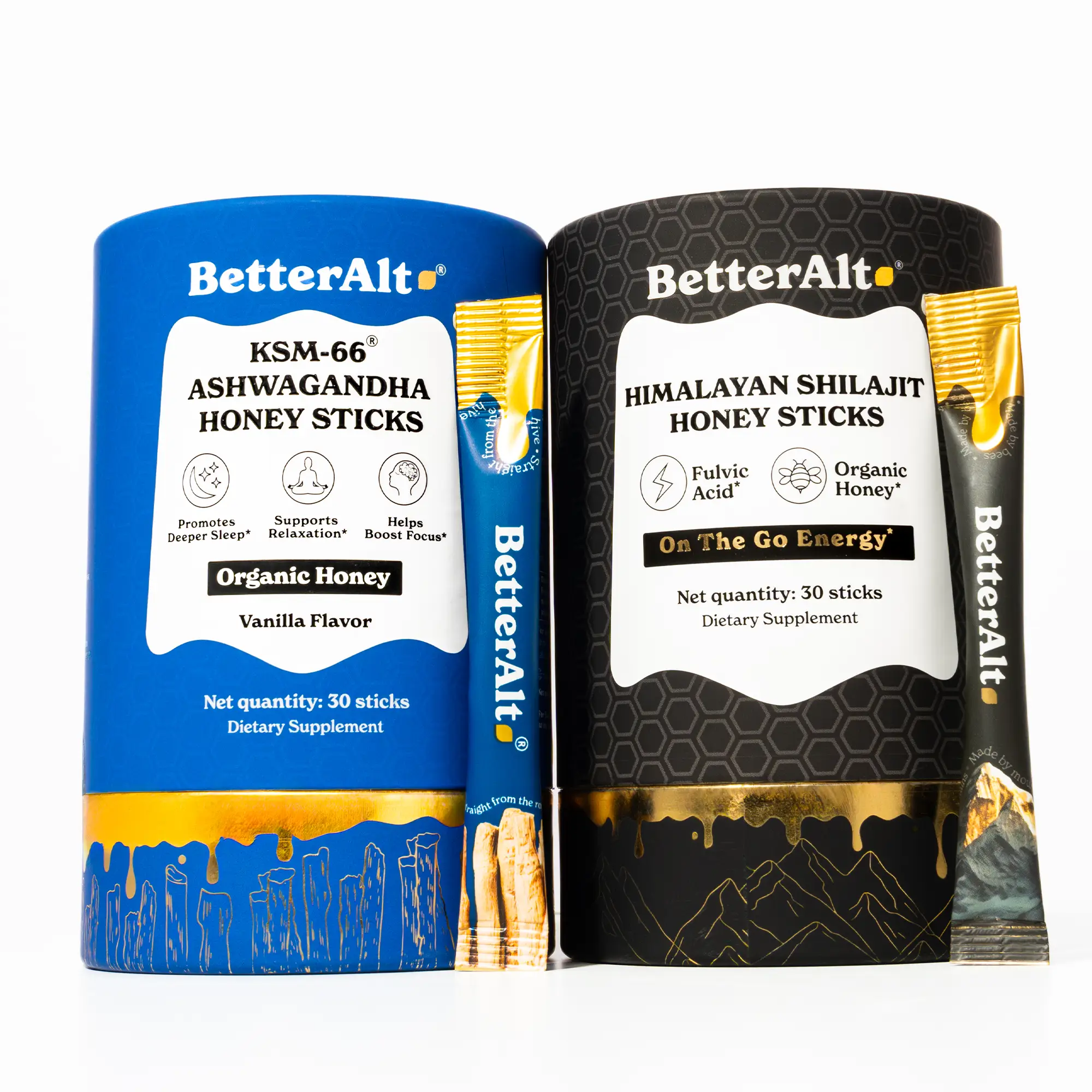 BetterAlt Cortisol Reducer Duo | GOLD+ Shilajit Honey Sticks & KSM-66 Ashwagandh...