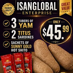 Ghana Yam Natural Snack Ideal for Culinary Use Authentic Appearance No Additional Features. Great for cooking, frying and roasting. Comes with a free kpakpo shito green sauce and 3 Titus sardines.
