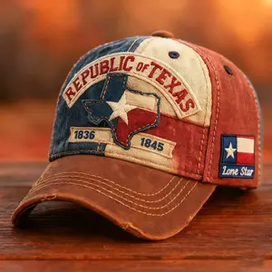 Vintage Texas Flag Style Baseball Cap | Texas Republic Embroidered State Border Outline 1945 Series, Individual Badge, Distressed Look, Blue Cream and Red Segments, Brown Brim, Perfect for Vintage Texas Fans and Outdoor Enthusiasts.