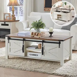 T4TREAM 48" Farmhouse Lift Top Coffee Table with Sliding Barn Door,Rustic Center Table with Hidden Storage Compartment,Lifting Tabletop and Adjustable Shelf for Living Room,Office,Antique White