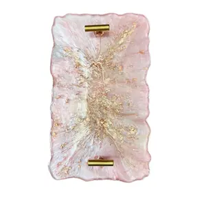 Custom by asHa Handmade Apricot Quartz + Gold Flake Resin Rectangular Tray with small gold t-bar handles for Vanity or Entertaining guests Decor Gift Ornaments Friend