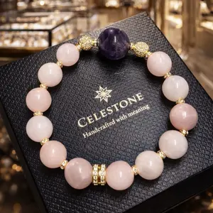 Celestone Rose Quartz Bracelet with Amethyst Centerpiece & Pave Rhinestone Accents for Enhanced Beauty