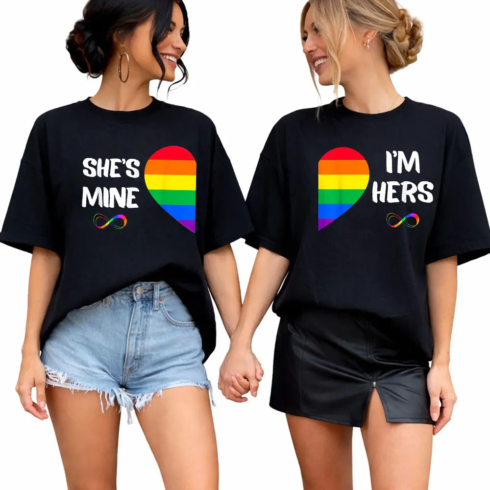 Made In USA, (Sold Individually) Im Hers Shes Mine Matching Pride Lesbian Couples Graphic Print Tshirt, LGBTQ Love Equality Apparel, Bestie BFF For Women Friends, Cotton Womenswear Graphic