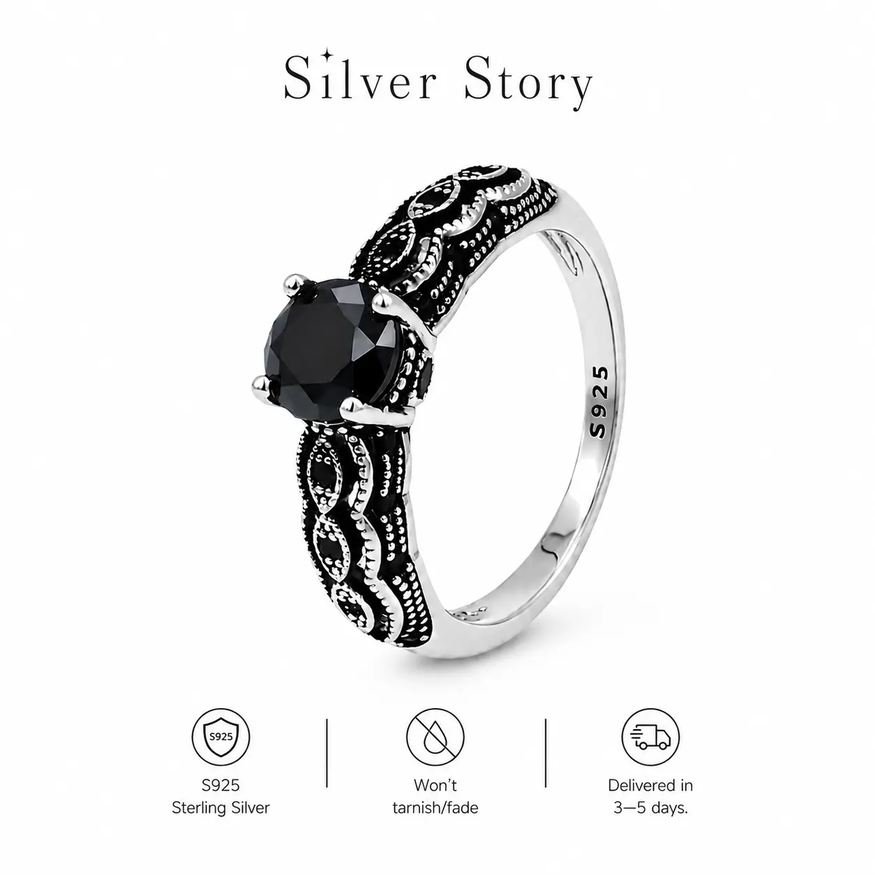 S925 Sterling Silver Vintage Black Synthetic Obsidian Ring with Filigree Design for Men and Women Everyday Wear, Energy Crystal Ring Perfect for Birthday Party Statement Gift/Unique Ring/Daily Armor Ring
