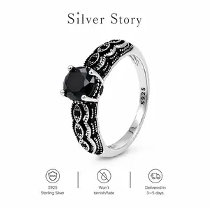 S925 Sterling Silver Vintage Black Synthetic Obsidian Ring with Filigree Design for Men and Women Everyday Wear, Energy Crystal Ring Perfect for Birthday Party Statement Gift/Unique Ring/Daily Armor Ring