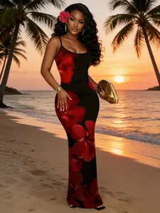 Hawaiian Style Base Flower/ Flower Print Halter Dress, Slim Fit Long Vacation Dress, Trendy and Fashionable