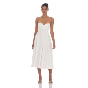 Lace Bust A-Line Midi Dress in White