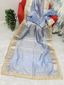 Maharani Style Powder Blue Semi Tissue Saree with Stitched Blouse & Satin Petticoat