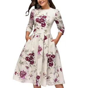 Women’s floral midi dress, retro elegant evening gown with pockets, white formal sleeves, light-colored cotton fabric for women, polyester checkered ruffle GARMENTARY