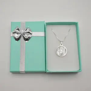 Sterling.925 Silver Double Sided Virgen de Guadalupe and Sagrado Corazón Pendant on 22 Inch Silver Chain, Gift Box Included