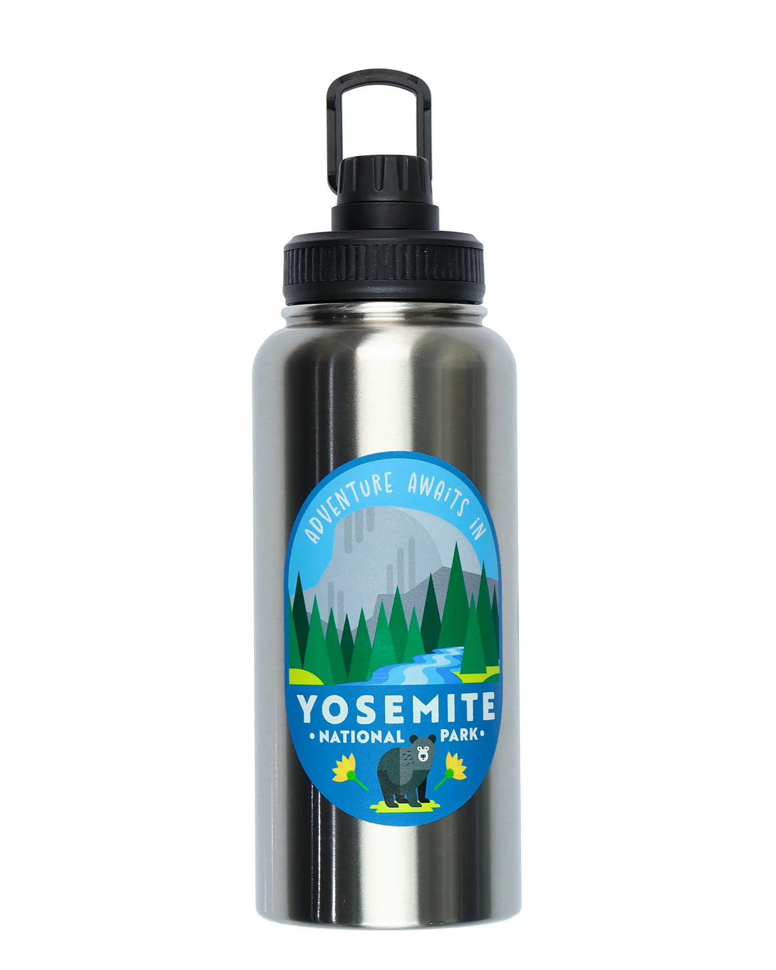 32oz Double-Wall Insulated Stainless Steel Water Bottle with Loop & Dual Lids, Yosemite National Park Scenic Art Reusable Drinkware for Outdoor Trips