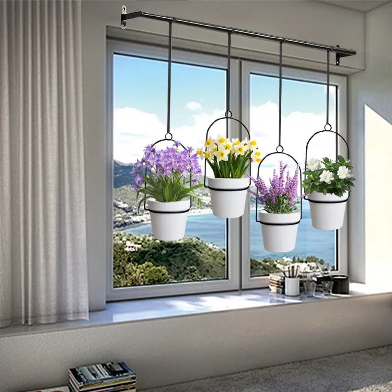 Black Metal Adjustable Hanging Planters Set (4 Plastic Flower Pots) - Plant Decor, Hanging Baskets for Container Gardening, Nylon Rope Wall/Ceiling Herb Holder, 11.8"-18.1" Expandable Slide-out Cabinet Storage Rack