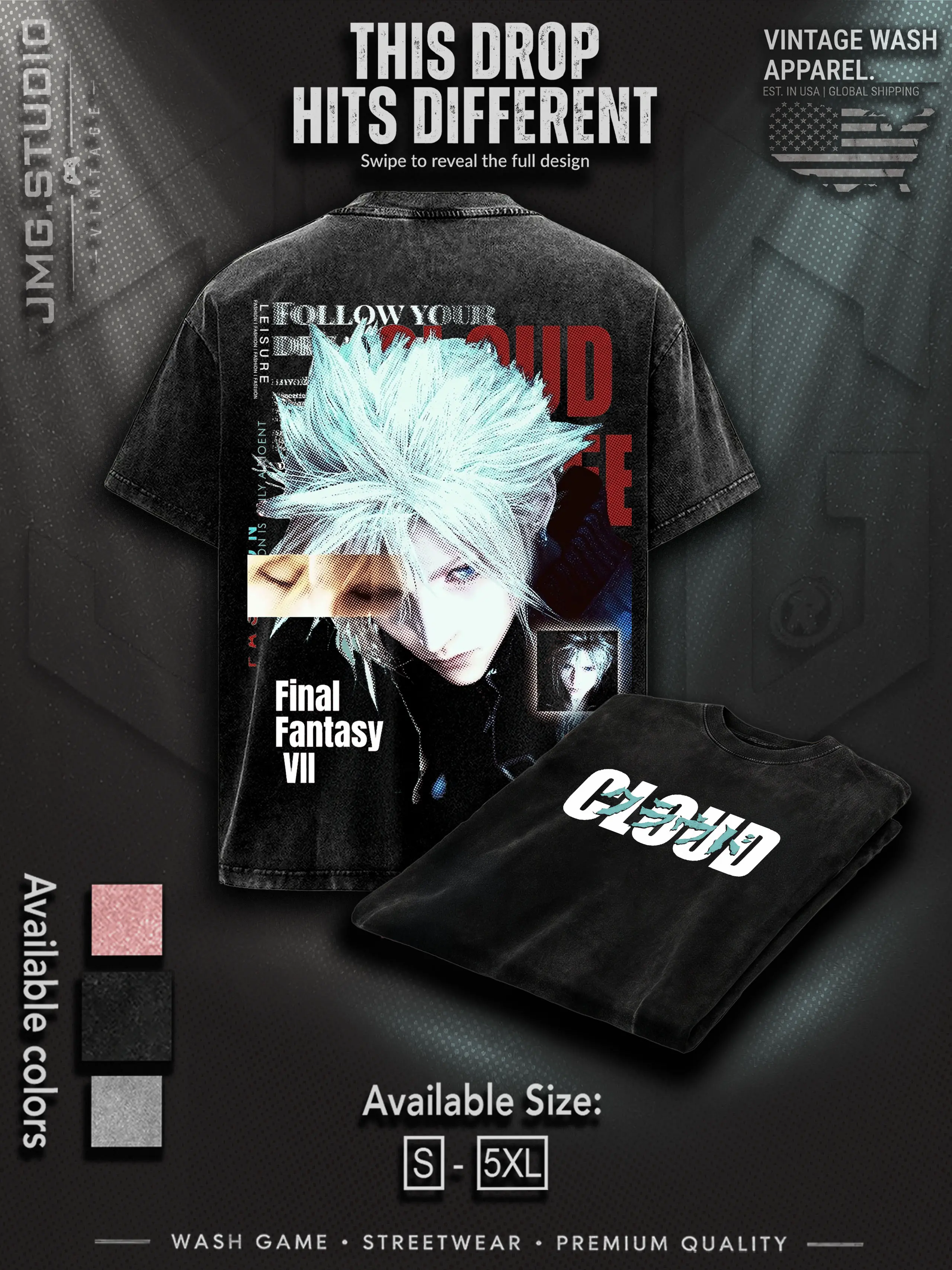Final fantasy Vii Cloud Strife vs Sephiroth art action game movie Graphic Tee - Double-Sided Washed Unisex T-Shirt - Fan Casual Gamer Streetwear wash game acid