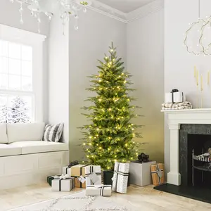 COSTWAY - 6 Feet Pre-Lit Artificial Christmas Tree with Warm White LED Lights