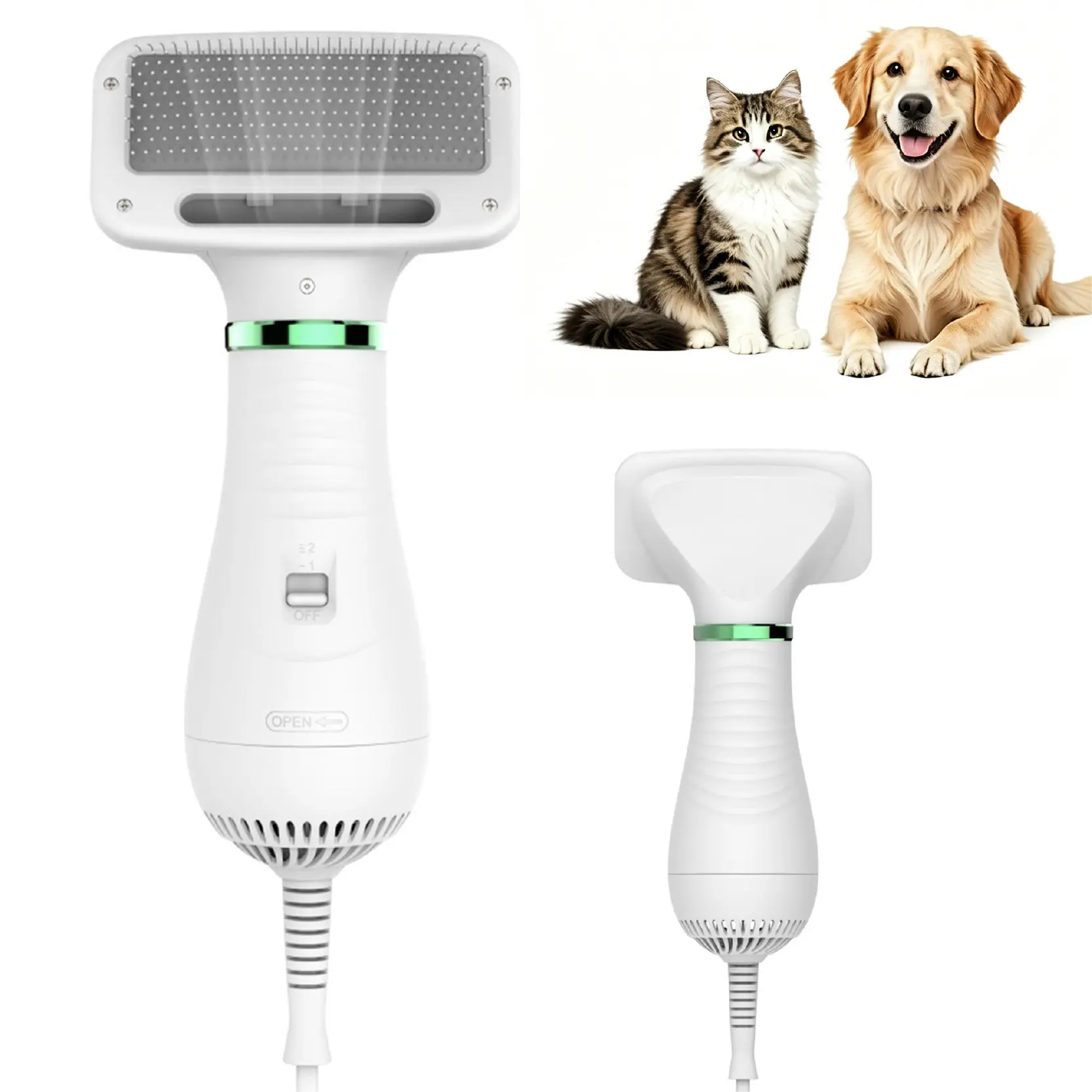 2-in-1 Pet Dryer & Grooming Brush, Stainless Steel Slicker Pet Brush Dryer, 2-Speed Dog Hair Dryer for Medium to Long Fur, Home Grooming Tool for Dogs & Cats