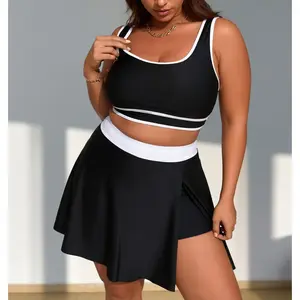 2026 Women's Black & White Athletic Two-Piece Swimsuit – Sporty Crop Top with Wide Straps & High-Waisted Skirted Bottom with Built-in Shorts – Modest Full Coverage Swim Set for Pool, Vacation & Water Sports bathing suit plus size swimsuits