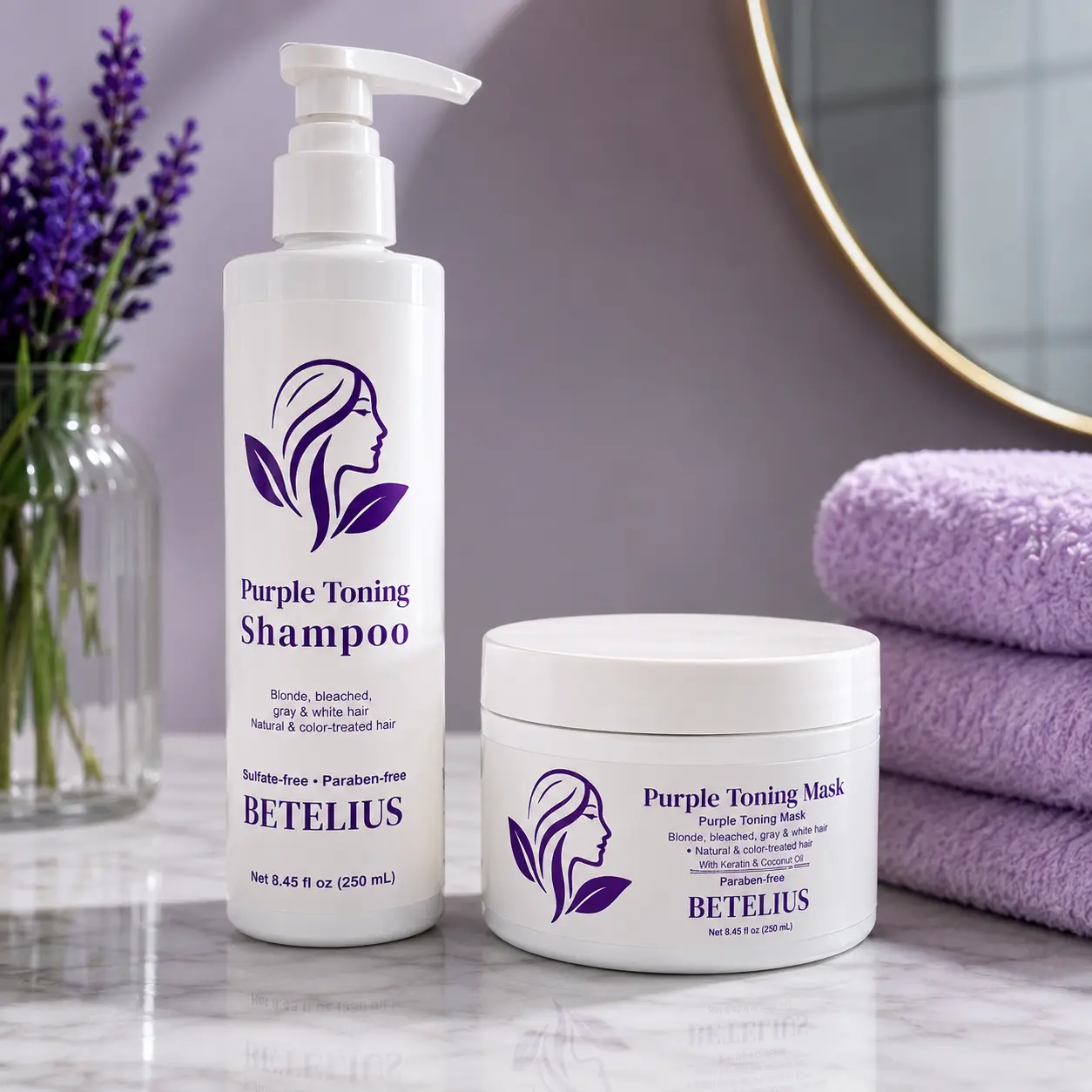 BETELIUS Purple Toning Shampoo & Mask Set | Sulfate-Free | Neutralizes Yellow & Brassy Tones | Blonde, Gray & White Hair