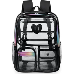 Heavy Duty Transparent Clear Backpack for Girls Women, Stadium Approved See Through School Bookbag with Mesh Pockets (Black)