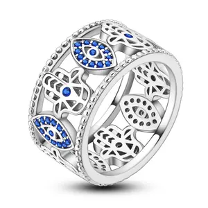 LAZA Blue Evil Eye and Hamsa Ring, Made of S925 Plated Silver and Cubic Zirconia - Religious Symbol Design, Wide Band, Perfect Jewelry for Protection and Fashion